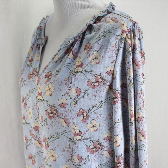 Melloday Womens Top Size L Blue Pink Ivory Floral Long Sleeve V Neck Pullover - Picture 4 of 7
